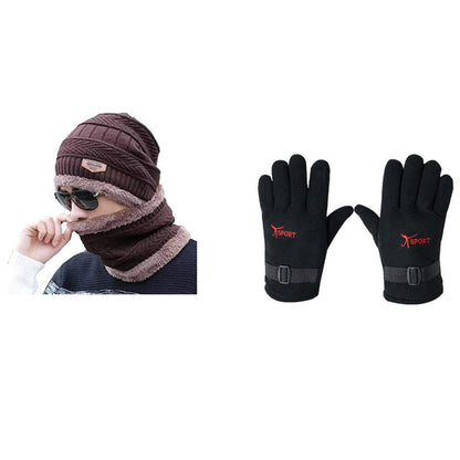 Winter Knit Beanie Cap Hat Neck Warmer Scarf and Woolen Gloves Set Skull Cap for Unisex (3 Piece)